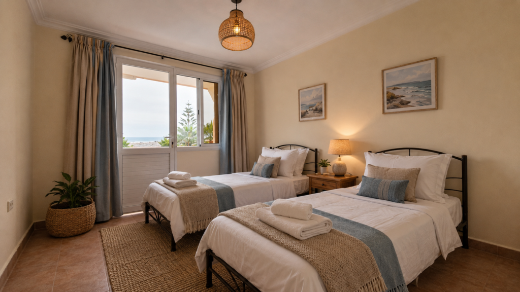 Private twin room at Shams Surf Morocco in Tamraght, in Taghazout bay