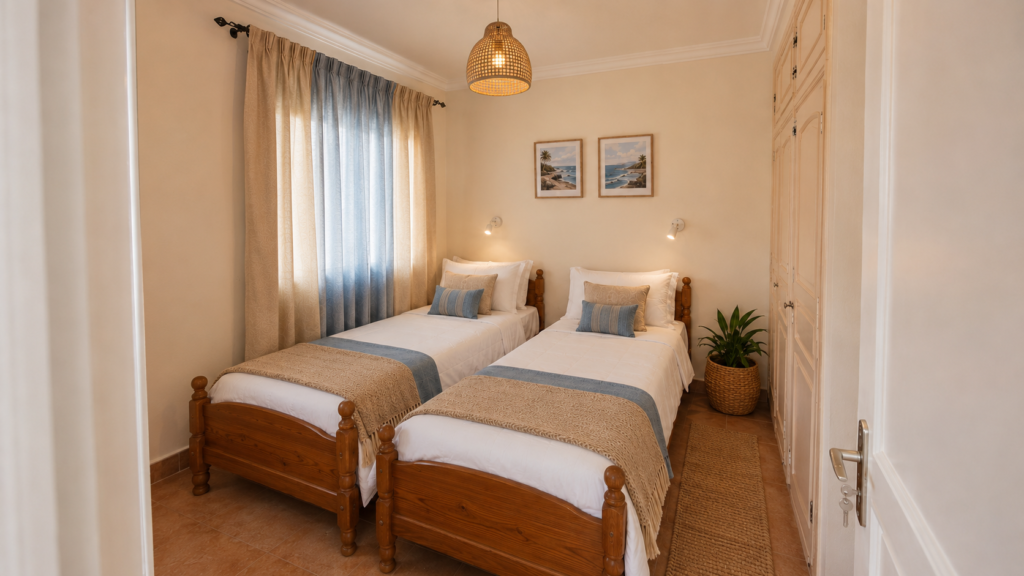 Shared Twin Room at SHAMS Surf Morocco, in Banana point in Tamraght, next to Taghazout Bay, Agadir Morocco