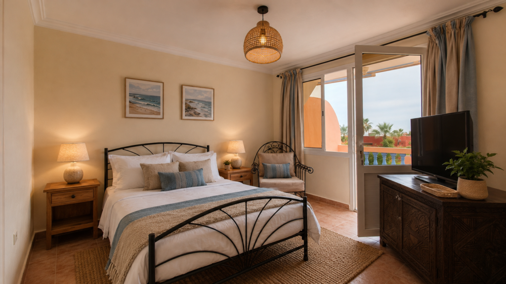 Private Double Room at SHAMS Surf Morocco, in Banana point in Tamraght, next to Taghazout Bay, Agadir Morocco